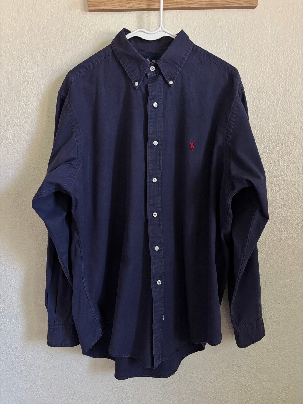 Vintage Ralph Lauren Navy Button Down Shirt Large Red Pony 100% Cotton